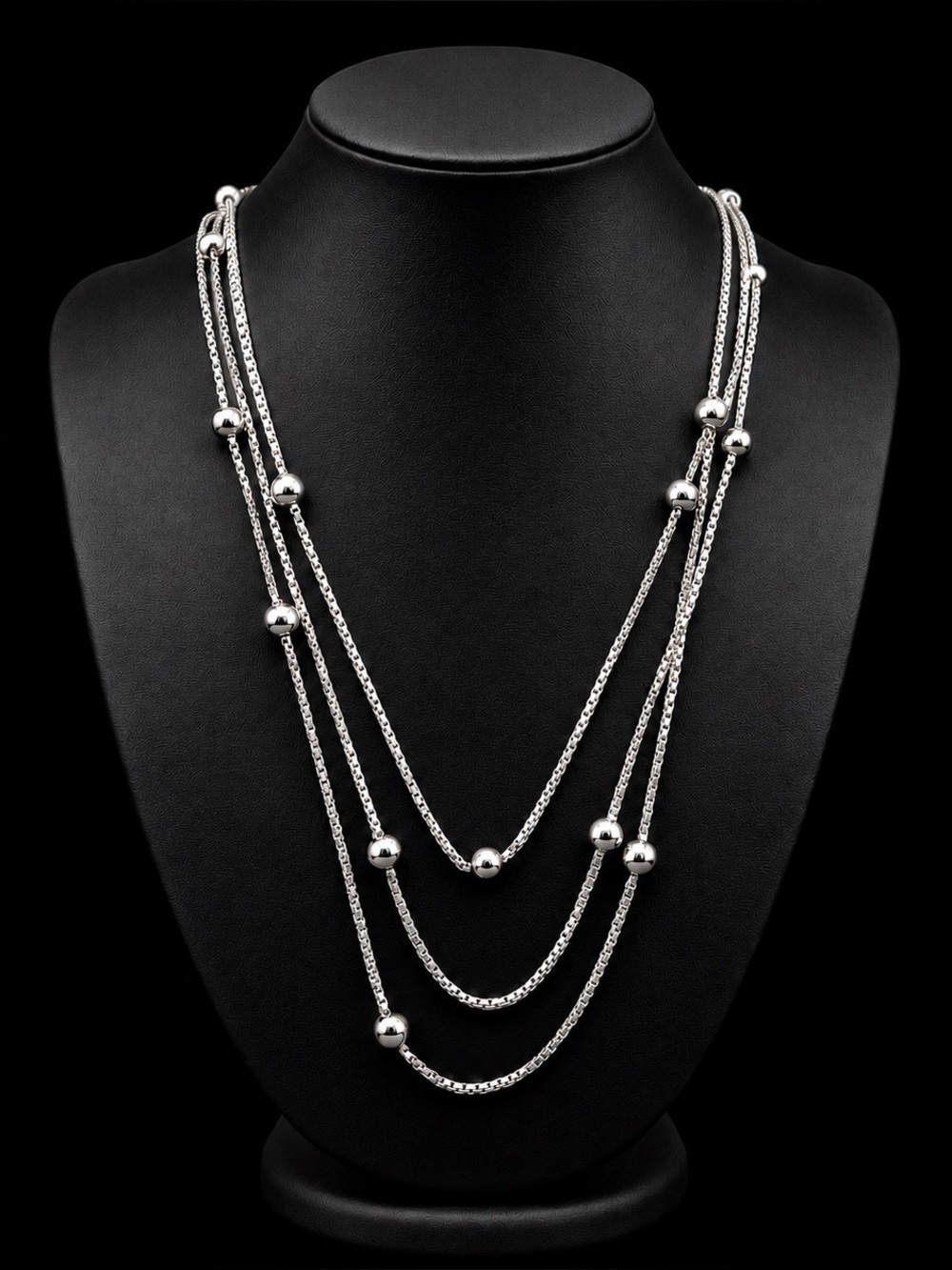 Estate Sterling Silver Beaded necklace Box Chain 28 Grams 40 Inches STUNNING